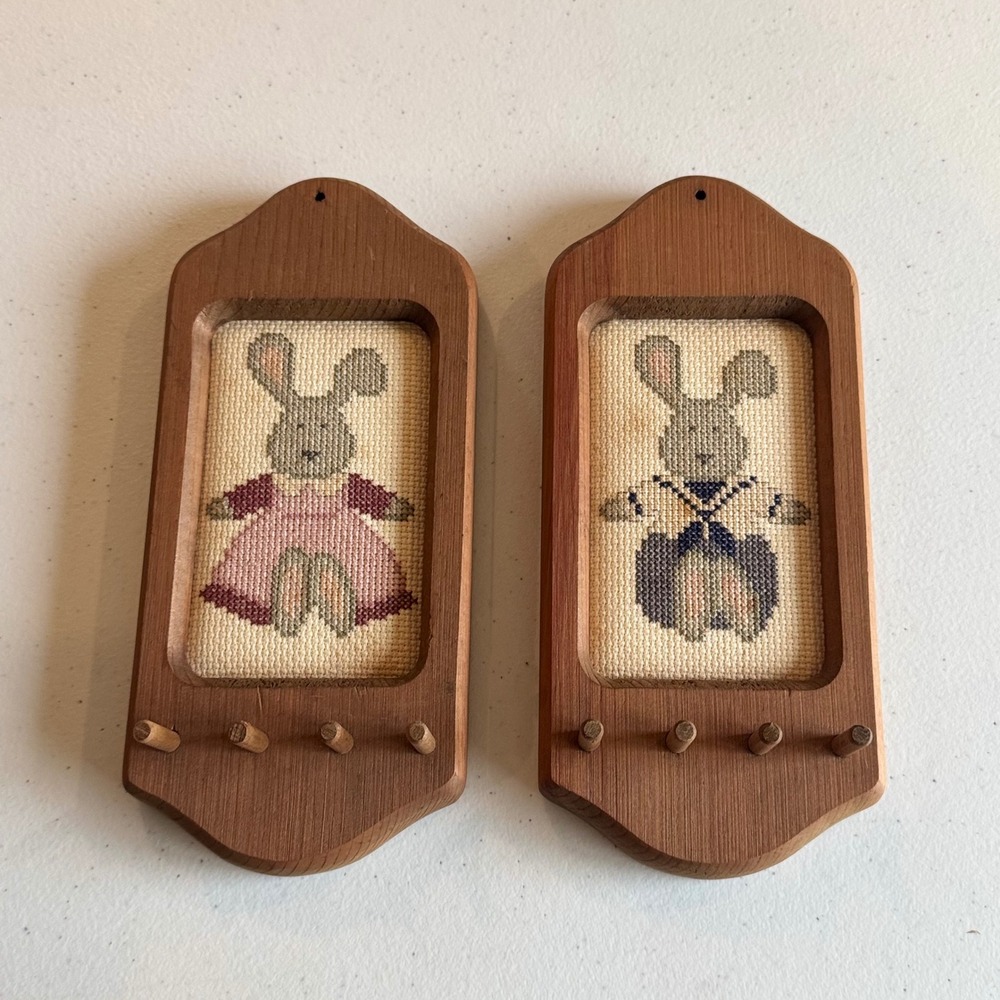 Vintage Cottagecore Rabbit Cross Stitch Wood Wall Plaques Pair Peg Hooks Decor